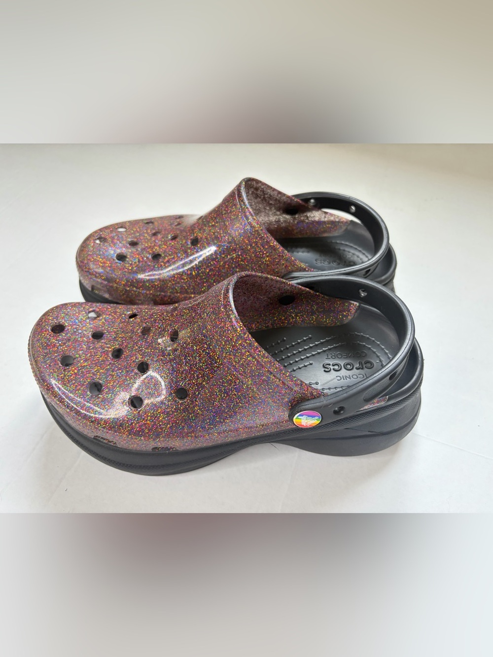 CROCS Women's Glitter Clog Mules in Black with Multicolor Sparkle